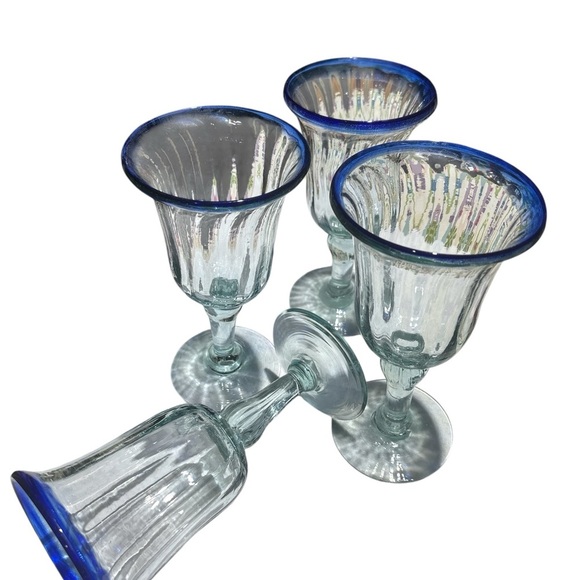 Elegant Blue-Rimmed Glass Goblets - Picture 2 of 4